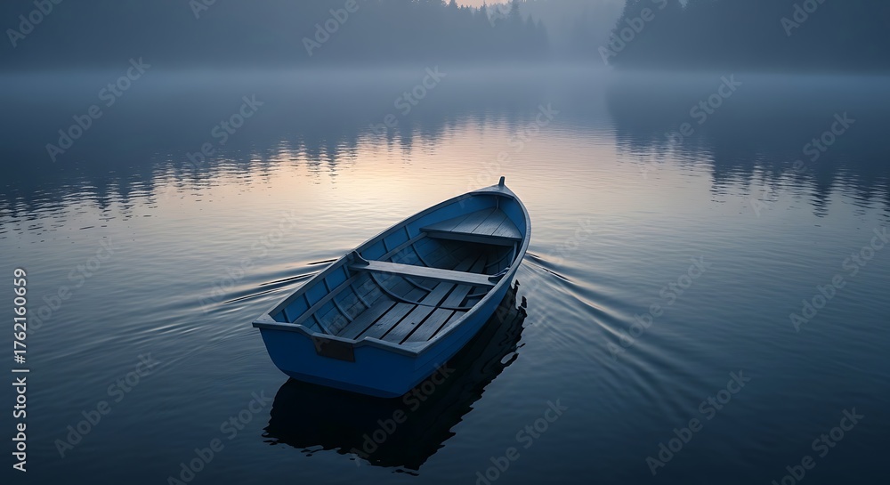 Obraz premium Blue rowboat floats on calm misty lake at sunrise water