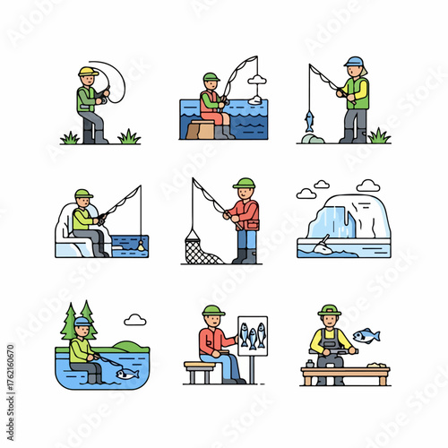 Outline vector icon set of fishing activities, including fly fishing, ice fishing, catch, preparation, and angling equipment.