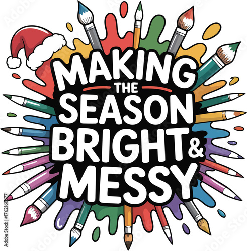 Colorful art supplies and a santa hat create a festive design