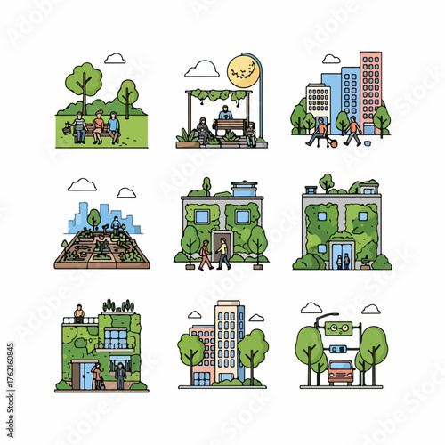 Sustainable Green City Life Icons Set. Illustrations of eco-friendly architecture, urban parks, community gardens, and pedestrian zones.