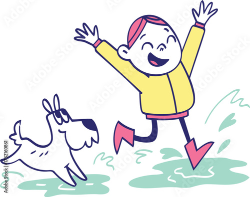 Joyful child with arms raised happily chasing a playful dog outdoors