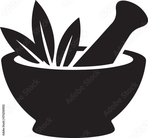 Mortar and pestle with herbs symbolizing natural remedies and traditional medicine preparation for herbalism and apothecary isolated on transparent background