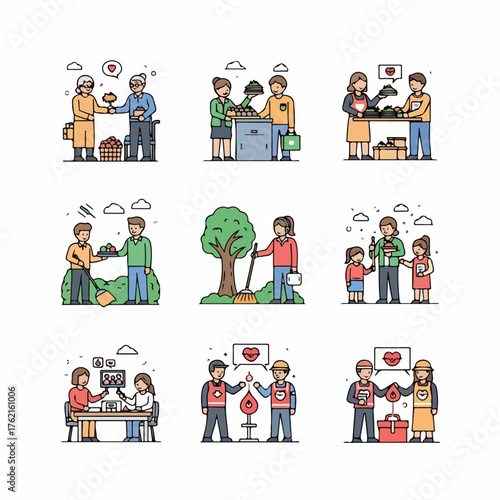 Line art set illustrating diverse volunteer activities, community charity, blood donation, environmental cleanup, and social service.