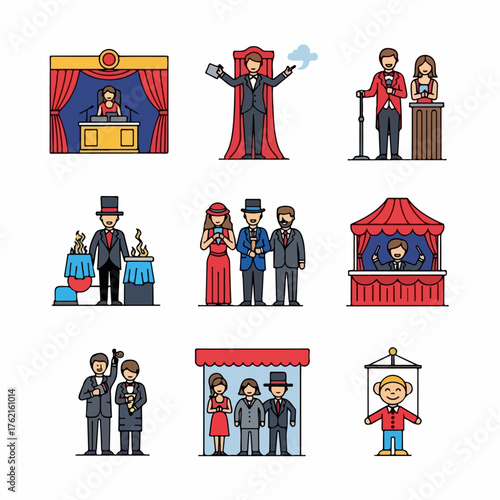 Performance and Entertainment Industry Icons: Magicians, Stage Hosts, Attendees, and Theater Figures in a Colorful Outline Collection.