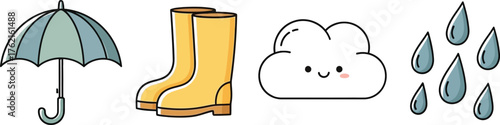Cute umbrella rain boots cloud and raindrops isolated on white background art