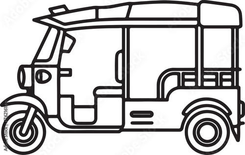 Tuk Tuk Vehicle line art, coloring book page line art drawing, vector and illustration