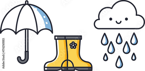 Cute cartoon illustration of rainy weather with umbrella boots and smiling cloud