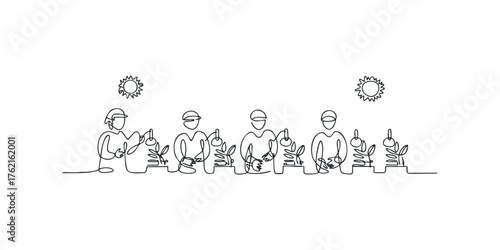 Group of people tending to plants with sun overhead