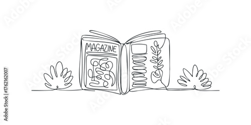 Minimalist line art of an open magazine with plants