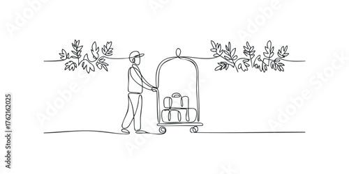 Bellhop Pushing Luggage Cart Along Floral Hallway