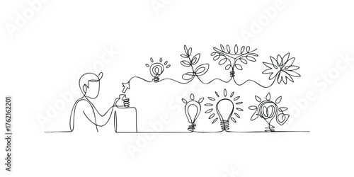 Man with idea bulb plants and flowers on white background