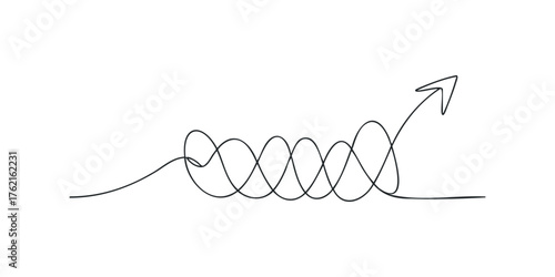 Continuous line drawing of a spiral path leading to an upward arrow
