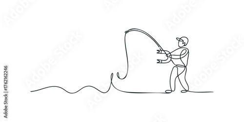 Fisherman casting rod with line in water