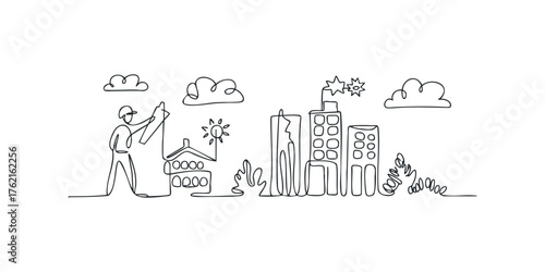 One line drawing of person observing cityscape with buildings and sun