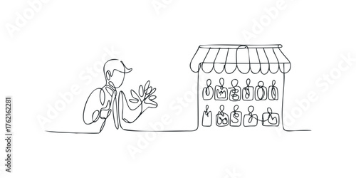 Man gesturing toward shop stall with row of customers