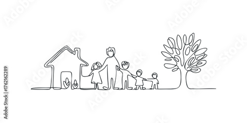 Continuous line drawing of a family with a house and tree