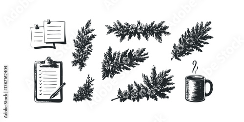 Hand Drawn Sketch of Foliage Sprigs and Office Supplies