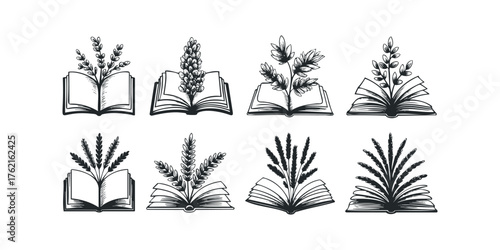 Open books with growing plants and wheat stalks