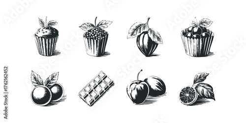 Set of Hand Drawn Fruit and Baked Good Illustrations
