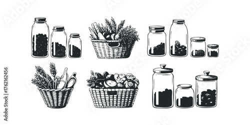 Collection of Jars and Baskets with Harvest Contents