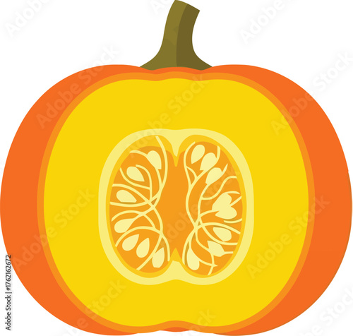 Fresh pumpkin cut open showing seeds and pulp organic autumn harvest food vector