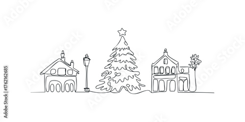 Minimalist continuous line drawing of a festive winter village scene