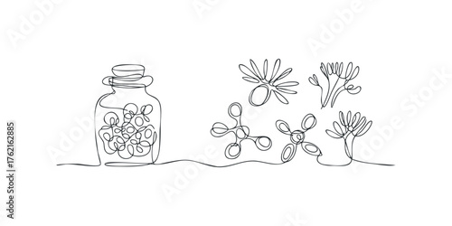 Continuous Line Drawing of Jar Filled with Bubbles and Abstract Flowers