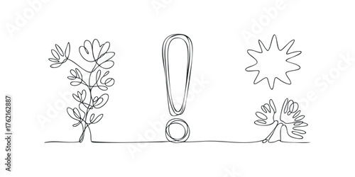 Abstract single line drawing of plant forms and exclamation mark