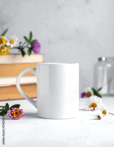 Wallpaper Mural White mug surrounded by flowers and books Torontodigital.ca