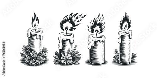 Four lit candles with dripping wax and floral embellishments