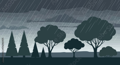 Dark and stormy weather with rain falling on trees in a grayscale landscape view