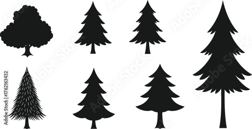 Vector set of pine and deciduous tree silhouettes, black forest tree icons for design, illustration, and nature landscape art