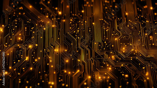 A macro view of a digital circuit board with glowing golden lines and traces receding into the distance. Bright orange bokeh lights shimmer against the deep black background.