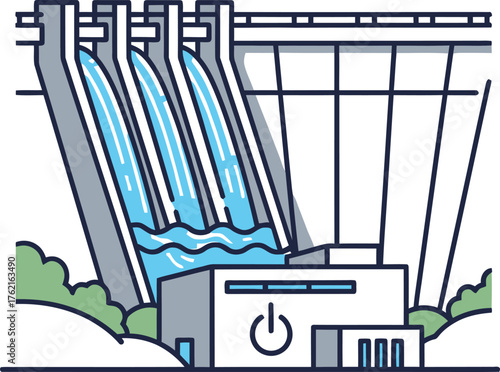 Hydroelectric dam illustration with flowing water generating power cleanly today