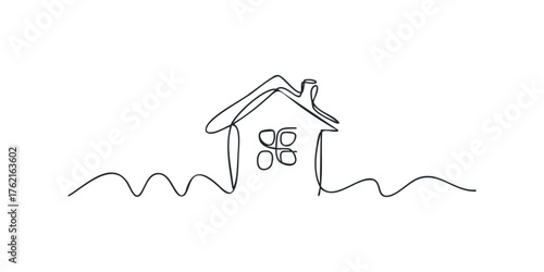 Continuous line drawing of a simple house with window and chimney