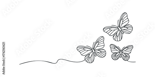 Three Outline Butterflies Flying Across White Background