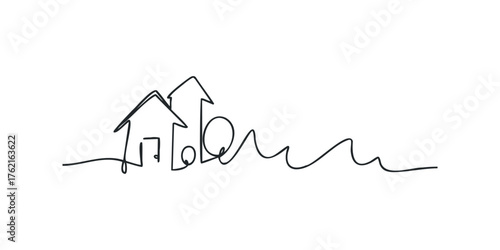 Simple Line Art Two Houses with Wavy Ground