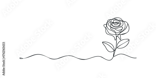 Single line drawing of a rose with stem and leaves