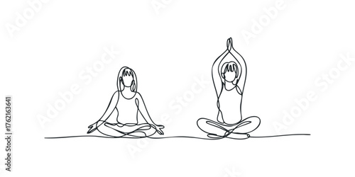 Line art two women meditating in yoga poses