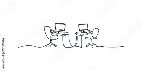Continuous line drawing of two office desks with computers and chairs