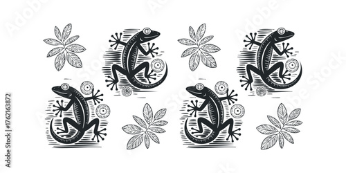 Stylized Gecko and Leaf Motif in Black and White Woodcut Style