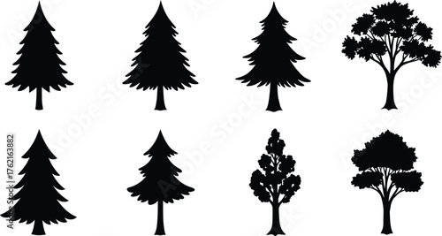 Silhouette collection of pine, fir, and deciduous trees, black forest vector illustration, nature design elements for logo, artwork, and decoration