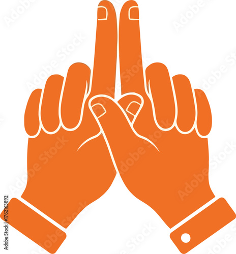 Orange hands gesturing prayer or respectful greeting symbol vector icon illustration vector