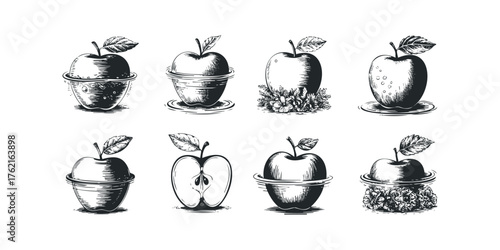 Eight unique sketchy apple drawings with leaves and stems