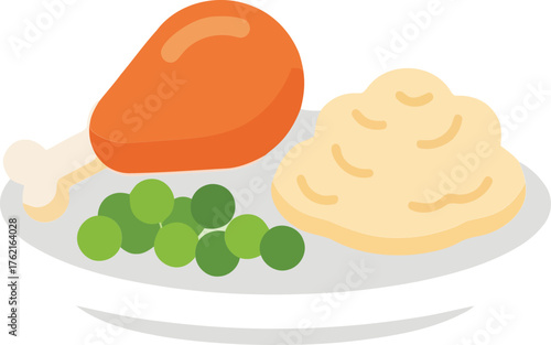Delicious chicken meal mashed potatoes peas and gravy served on plate simple flat illustration vector