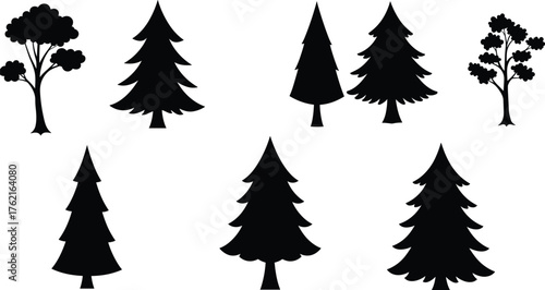 Black silhouette collection of pine trees, fir trees, and deciduous trees, forest vector icons for design, nature illustration elements