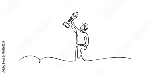 One line drawing of a happy person holding a trophy aloft