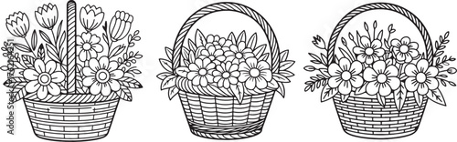 basket of flowers line art, coloring book page line art drawing, vector and illustration