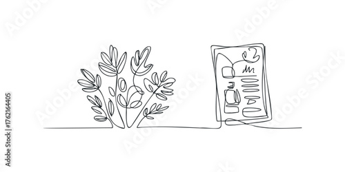 Abstract continuous line drawing of plant and document
