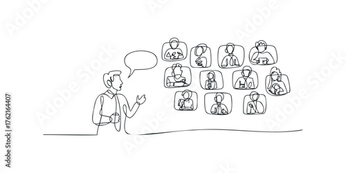 Man speaking to grid of people in online meeting